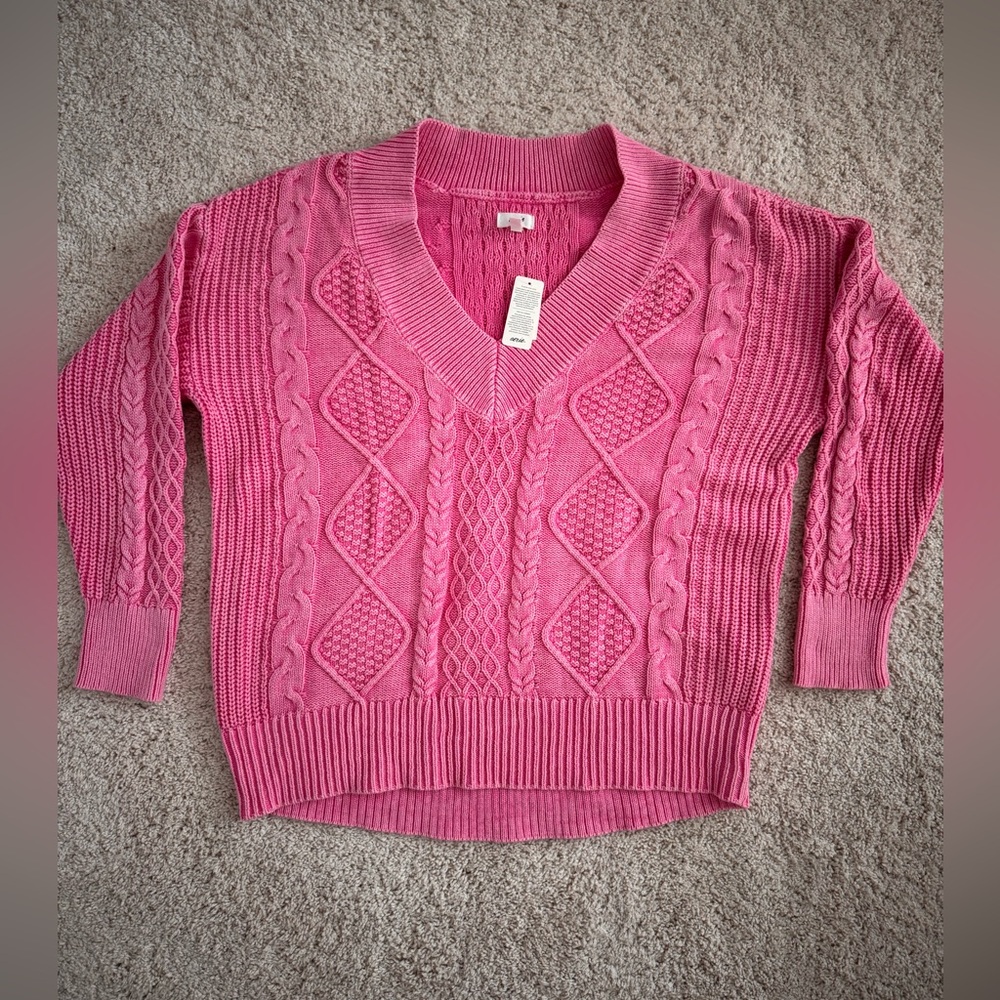 Aerie Pink Cable Knit V-Neck Sweater – Size S – NWT